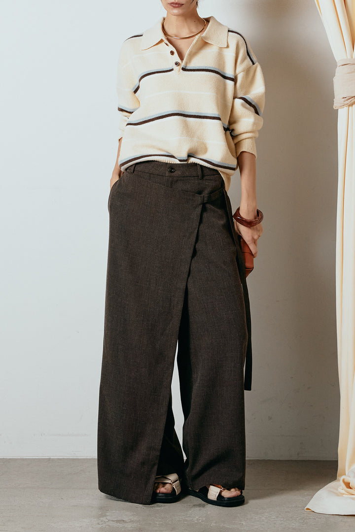 [SET]襟付きマルチボーダーニットポロトップス+ラップ巻きワイドスラックス(2set)