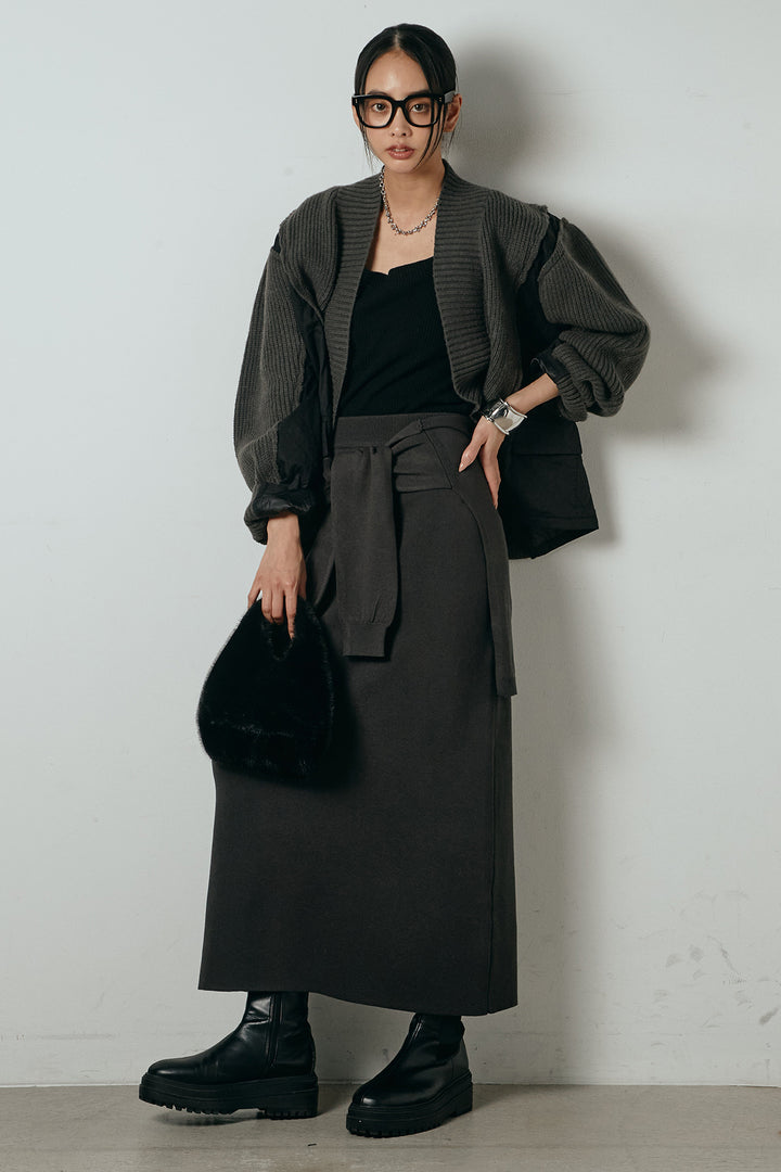 [SET]キルティング切り替えニットカーディガン+ウエストラップ巻きニットスカート(2set)