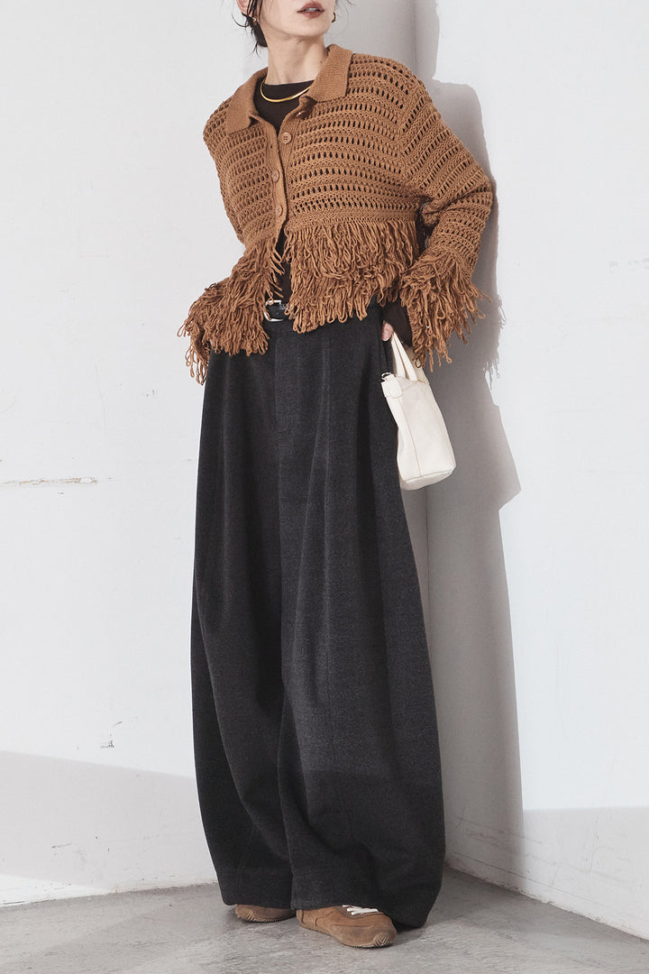 [SET]メッシュフリンジカーディガン+ウールタッチカーブワイドパンツ(2set)