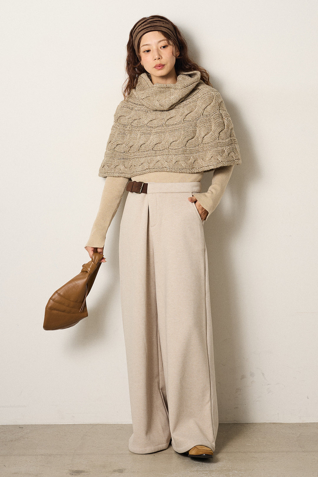 [SET]ケーブル編みケープレイヤードニット+サイドベルトパンツ(2set)