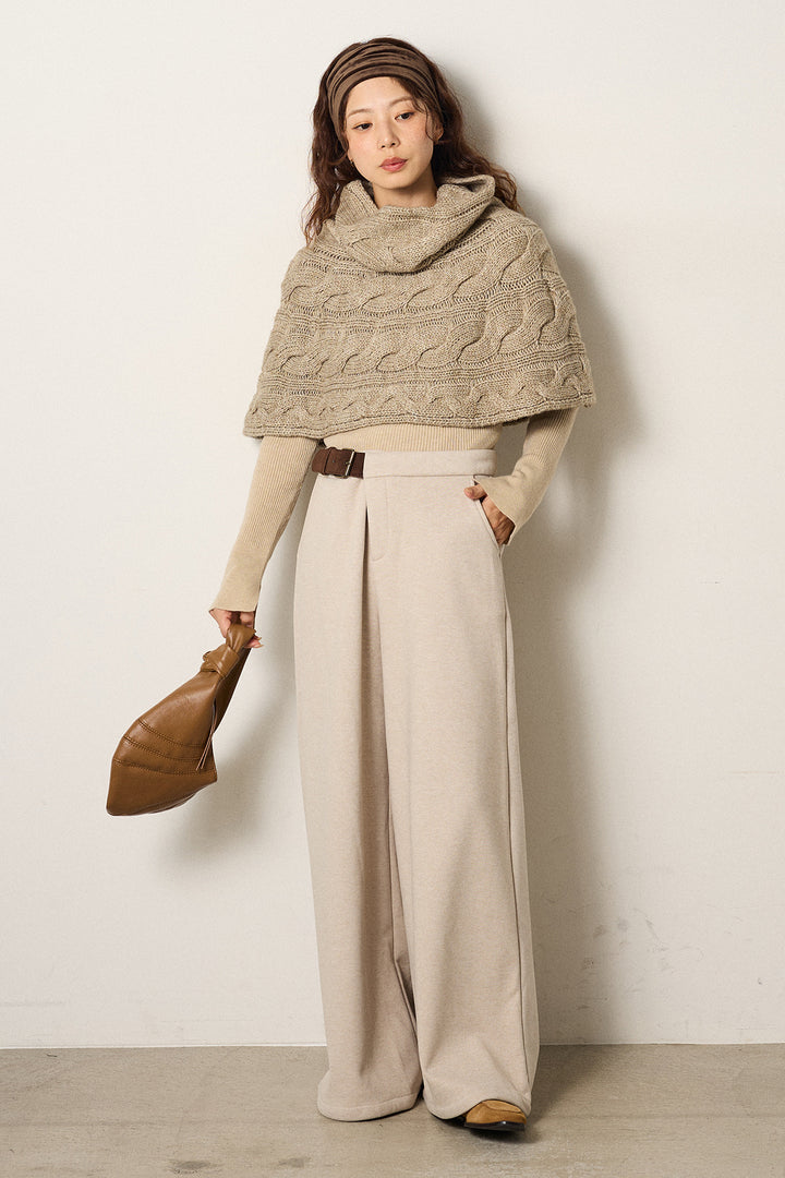 [SET]ケーブル編みケープレイヤードニット+サイドベルトパンツ(2set)