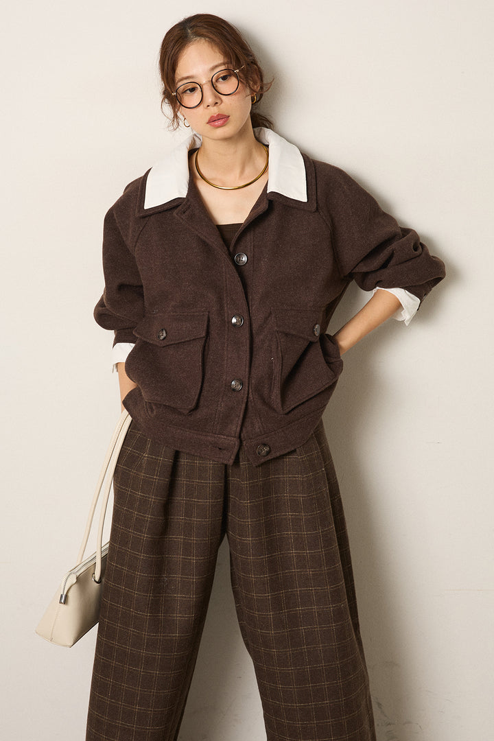 [SET]衿レイヤードフェイクウールジャケット+ウールライクチェックタックパンツ(2set)