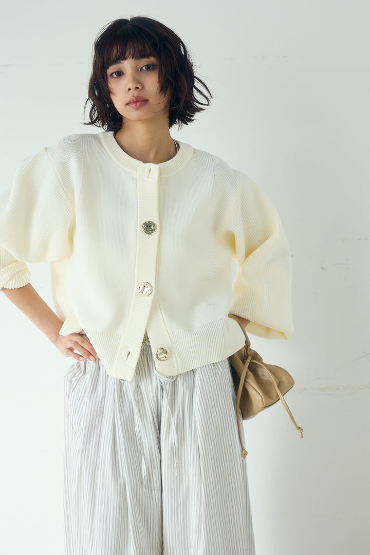 [SET]スポンディッシュBIGボタンクルーネックカーディガン+ランダムストライプタックギャザーパンツ(2set)