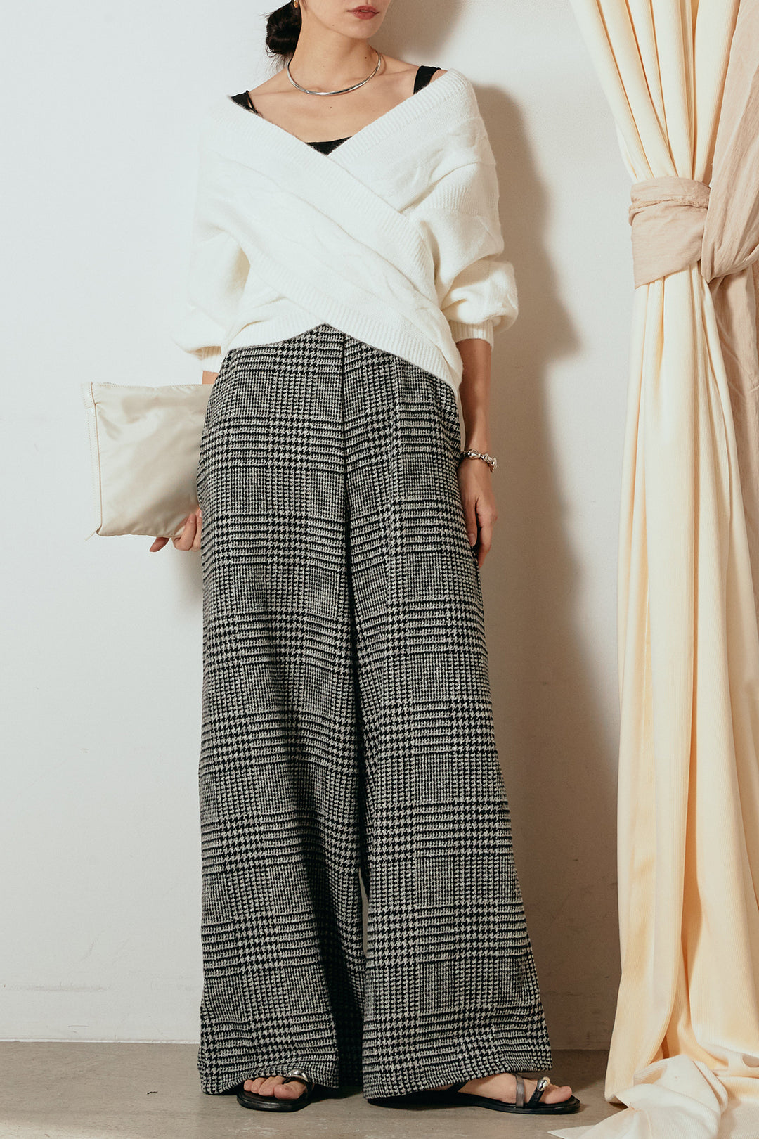 [SET]ケーブルカシュクールニットトップス+前後2wayグレンチェック柄スカーチョサロペット(2set)