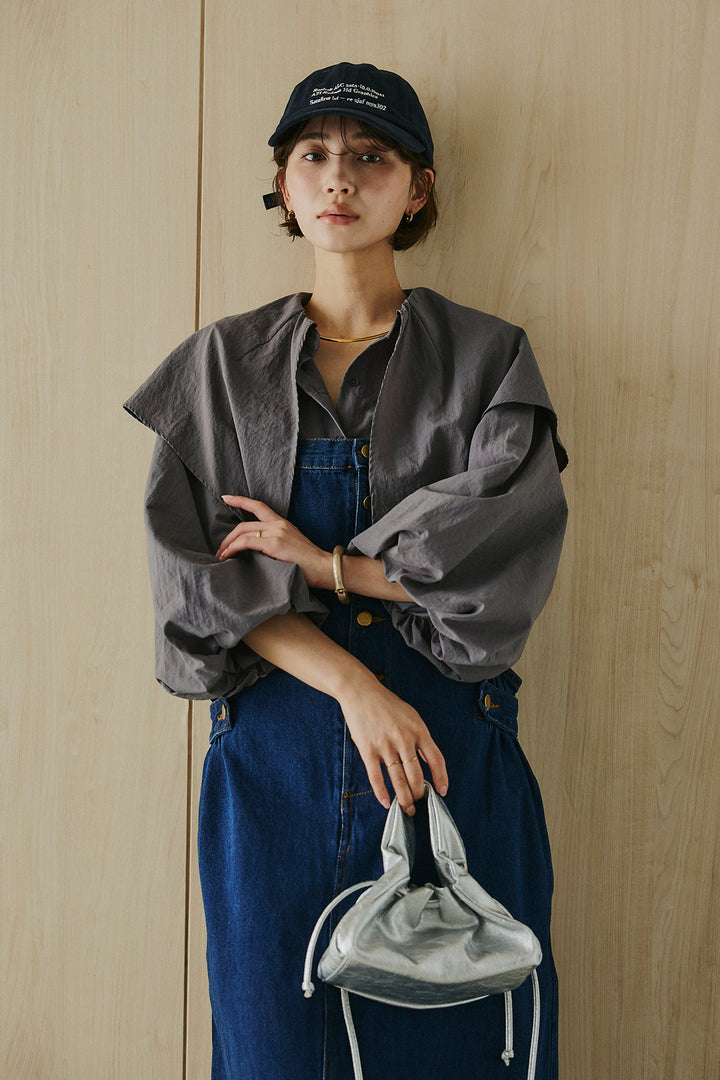 [SET]ケープカラーナイロンブラウス+配色ショルダーデニムサロペットスカート(2set)