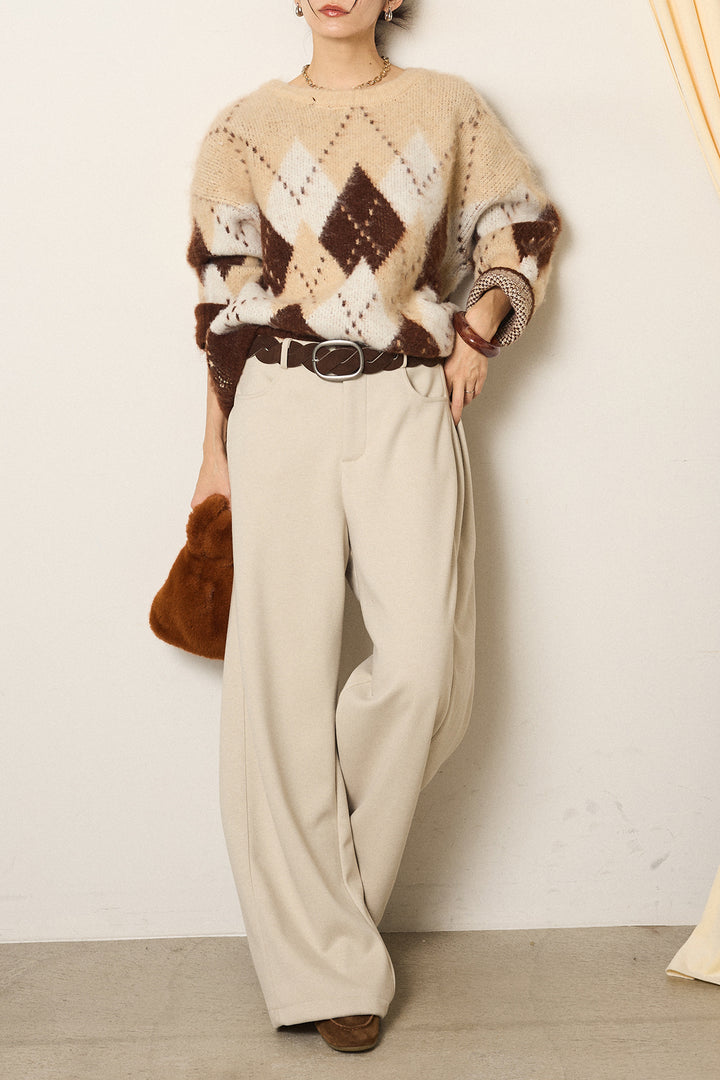 [SET]配色アーガイル柄ニットトップス+編みベルト付きワイドパンツ(2set)