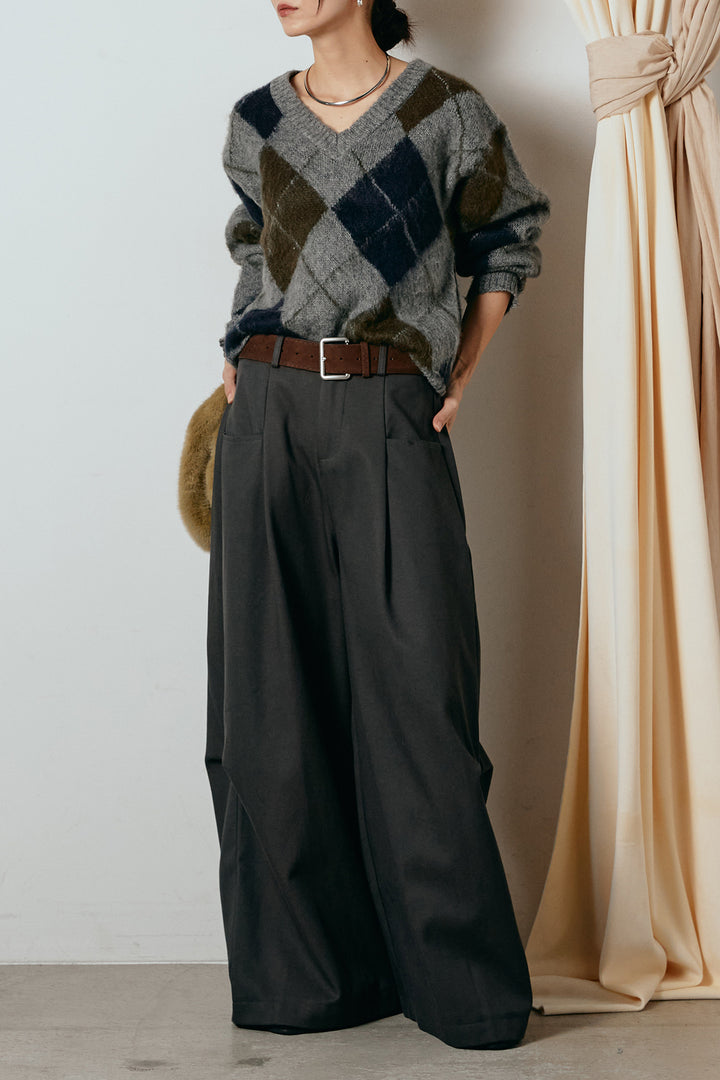 [SET]アクリルモヘアアーガイルVネックプルオーバー+太ベルト付きタックデザインワイドパンツ(2set)