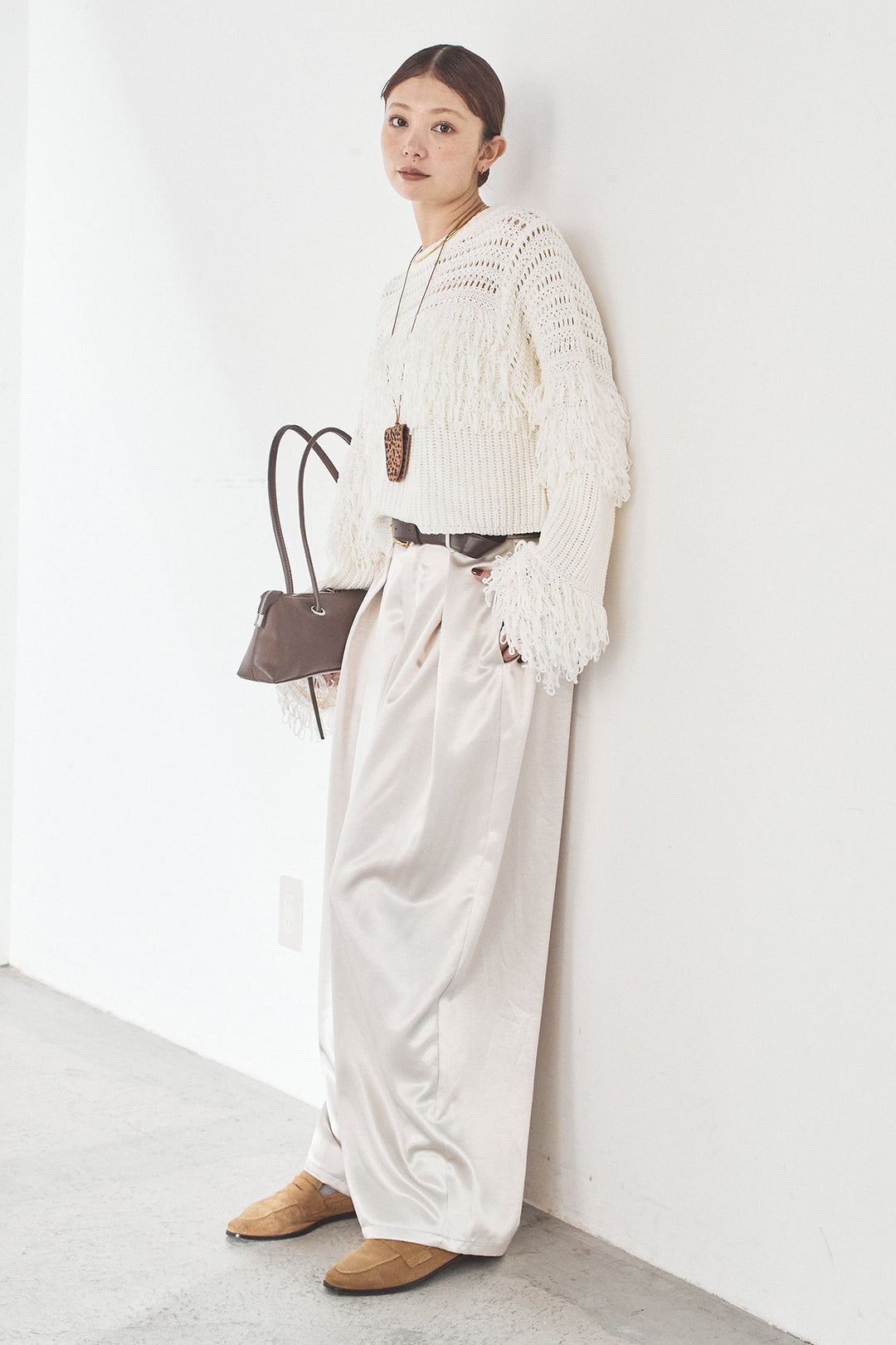 [SET]メッシュフリンジ切り替えプルオーバー+サテンタックワイドパンツ(2set)