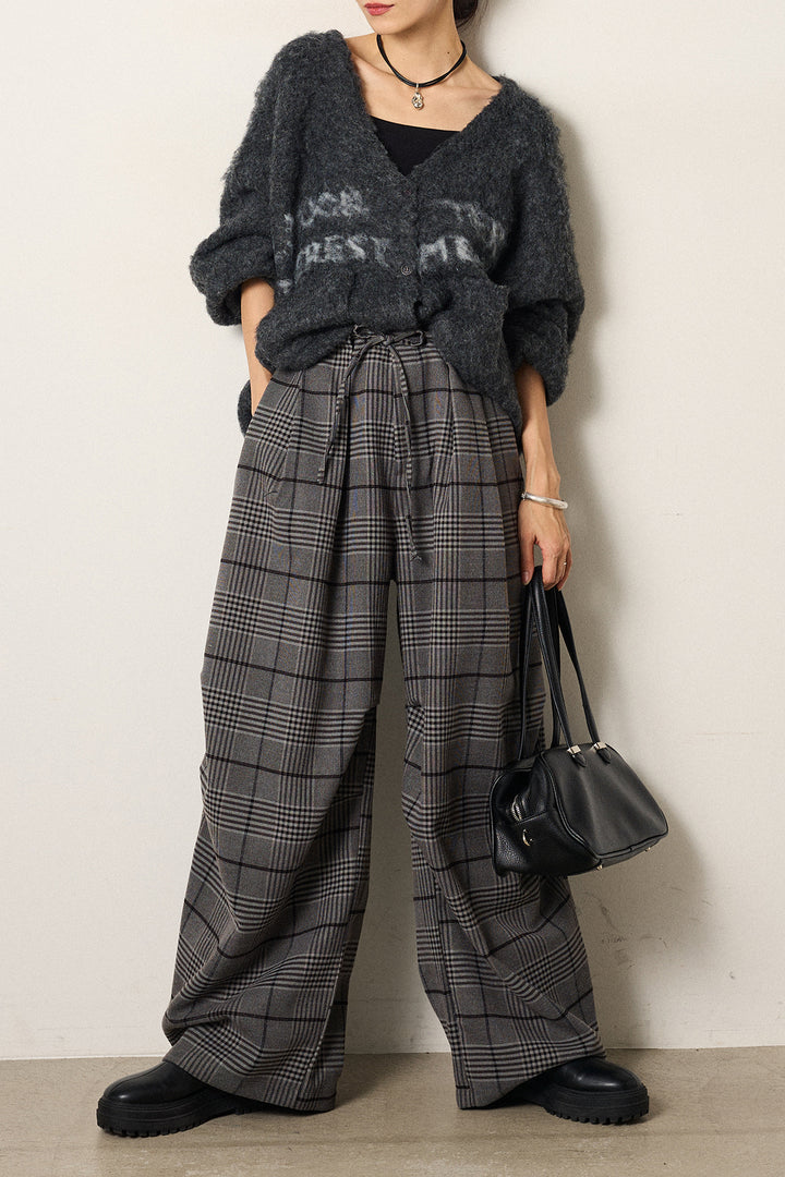 [SET]ウール混透かしロゴニットカーディガン+グレンチェックルーズタックパンツ(2set)