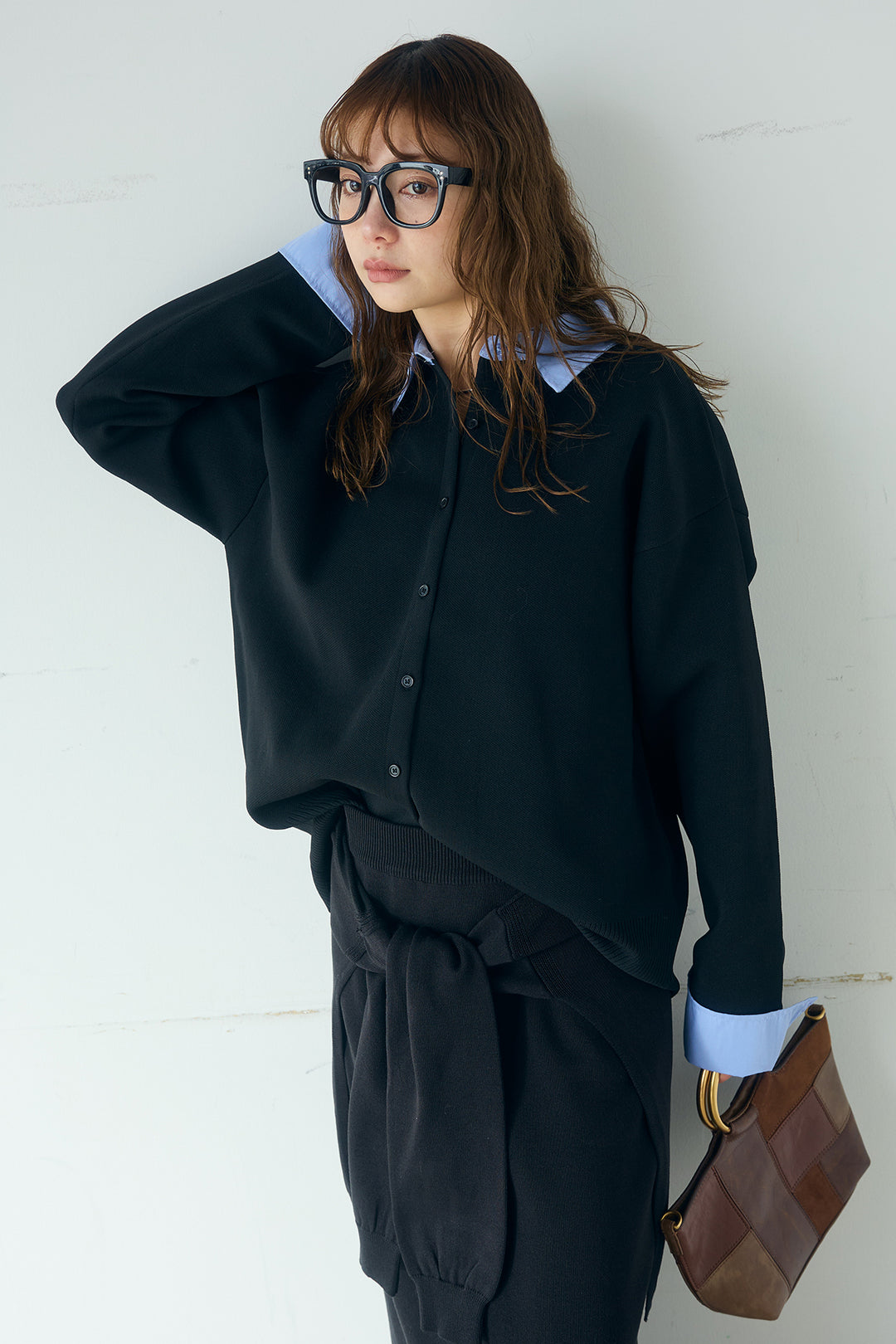 [SET]シャツレイヤード風カーディガン+レイヤードニット巻きスカート(2set)