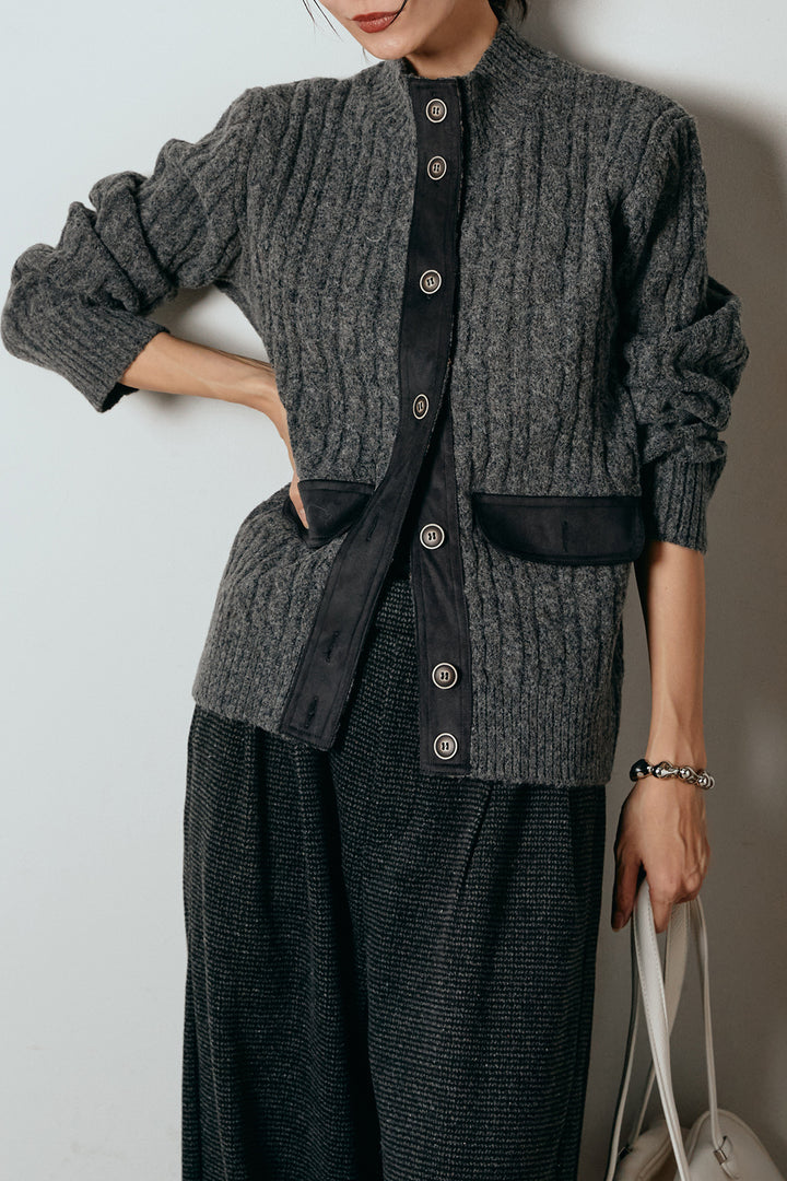 [SET]ボトルネックケーブルニットカーディガン+起毛タック入りツイードワイドパンツ(2set)