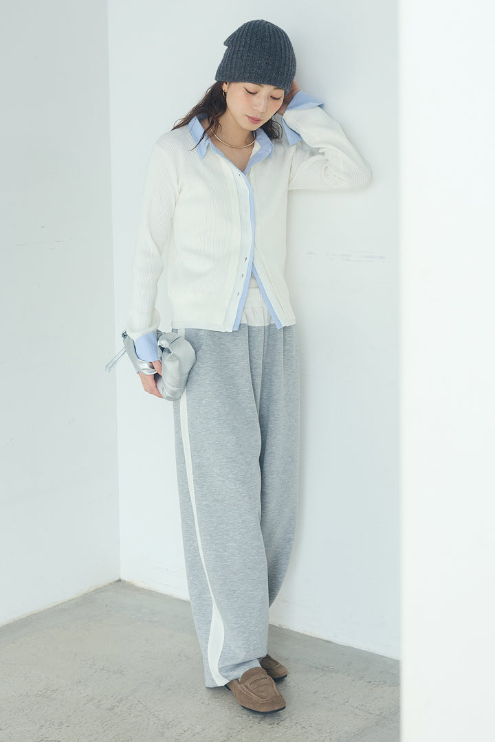 [SET]シャツドッキングボタンニットカーディガン+異素材切り替えスウェットパンツ(2set)