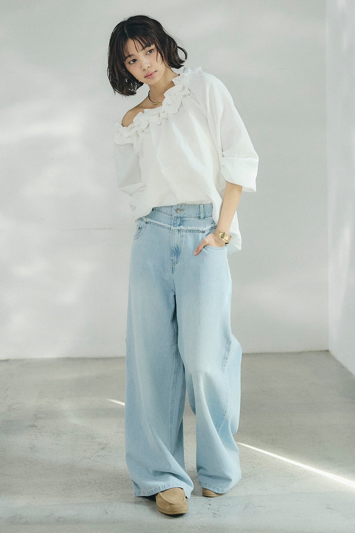 [SET]ネックフリルデザインブラウス+ウエスト裁ち切りデニムワイドパンツ(2set)