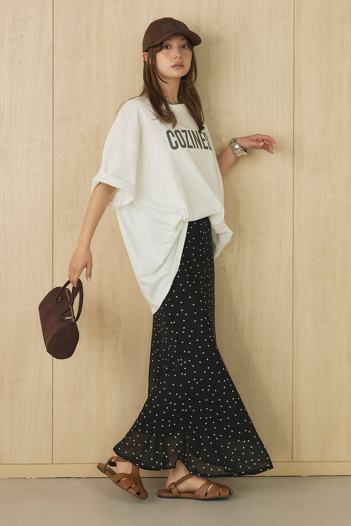 [SET]プリントロゴチュニックTシャツ+ドットサテンナロースカート(2set)
