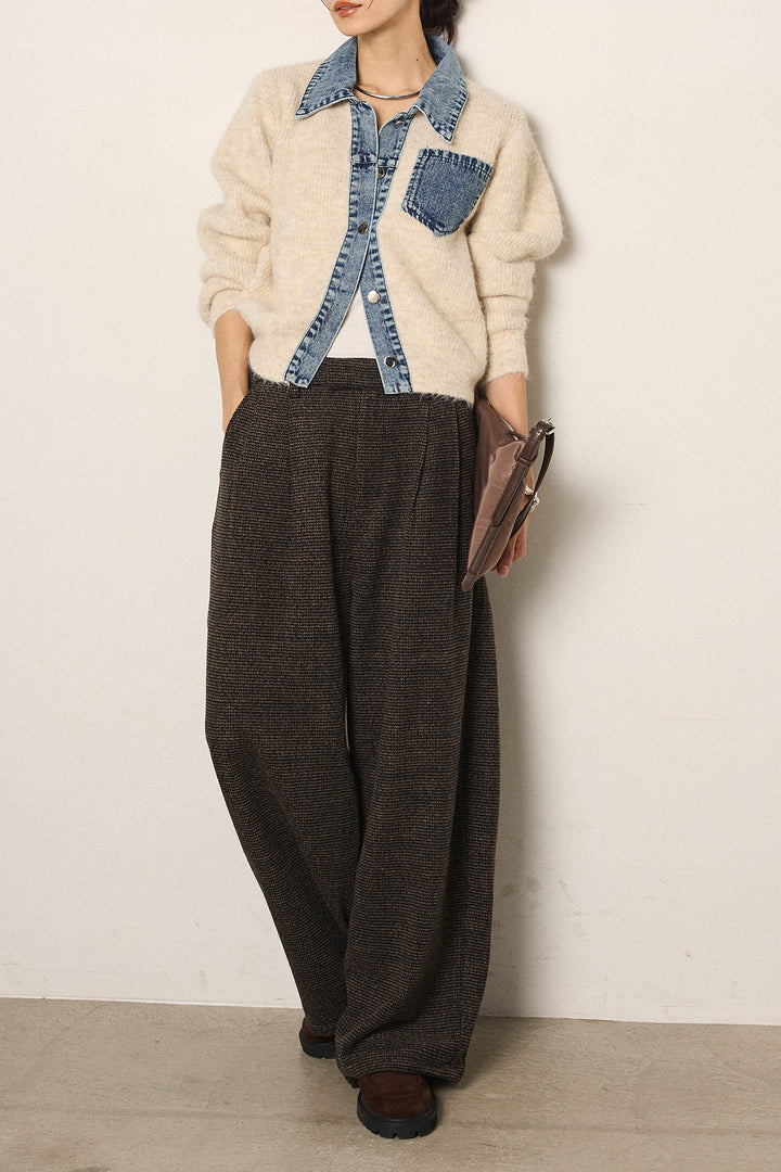 [SET]襟付きデニム切替ニットカーディガン+起毛タック入りツイードワイドパンツ(2set)