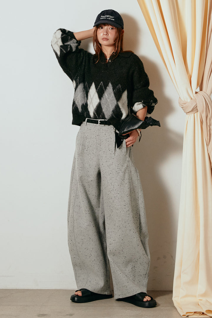 [SET]アーガイル柄ポロニットトップス+ベルト付きネップツイードカーブパンツ(2set)