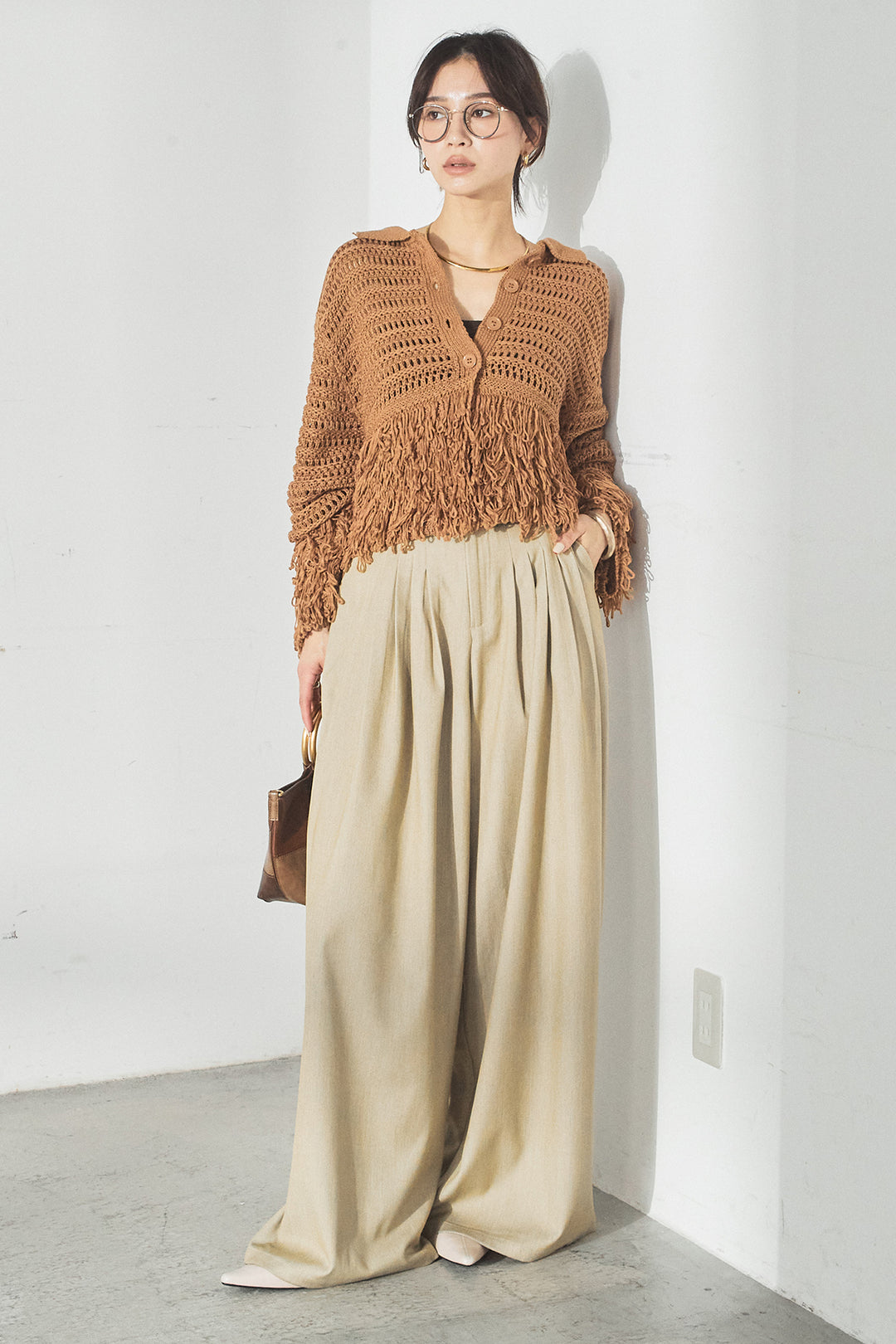 [SET]メッシュフリンジカーディガン+編みベルト付きウエストタックワイドパンツ(2set)