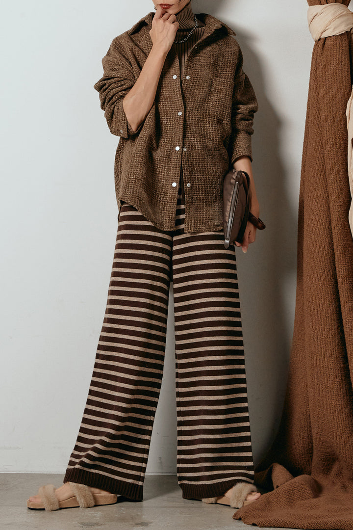 [SET]ルーズクラッシュツイルシャツ+リブニットシームレスタートルプルオーバー+ボーダーリラックスニットパンツ(3set)