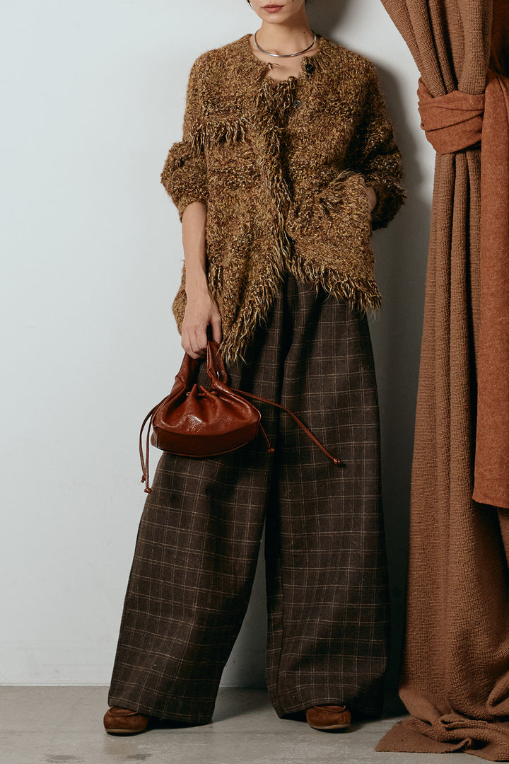 [SET]フリンジニットカーディガン+ウールライクチェックタックパンツ(2set)