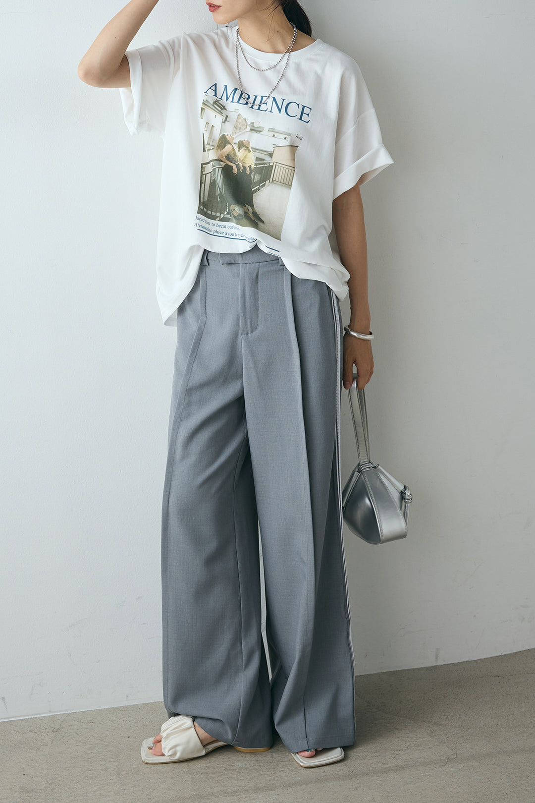 [SET]AMBIENCEフォトプリントTシャツ+サイドラインワイドスラックスパンツ(2set)