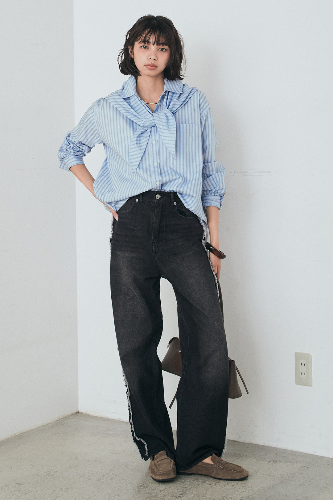 [SET]ランダムストライプスカーフ付きシャツ+デニムサイドフリルパンツ(2set)