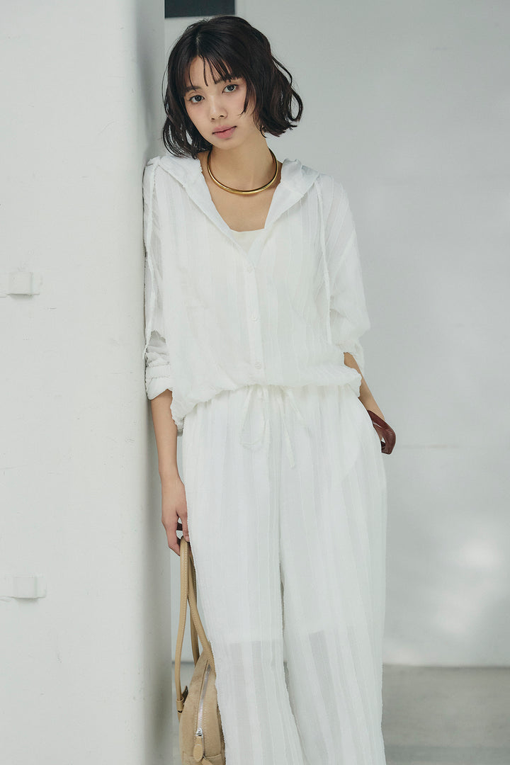 [SET]ストライプジャガードフードシャツ+ストライプジャガードロングイージーパンツ(2set)