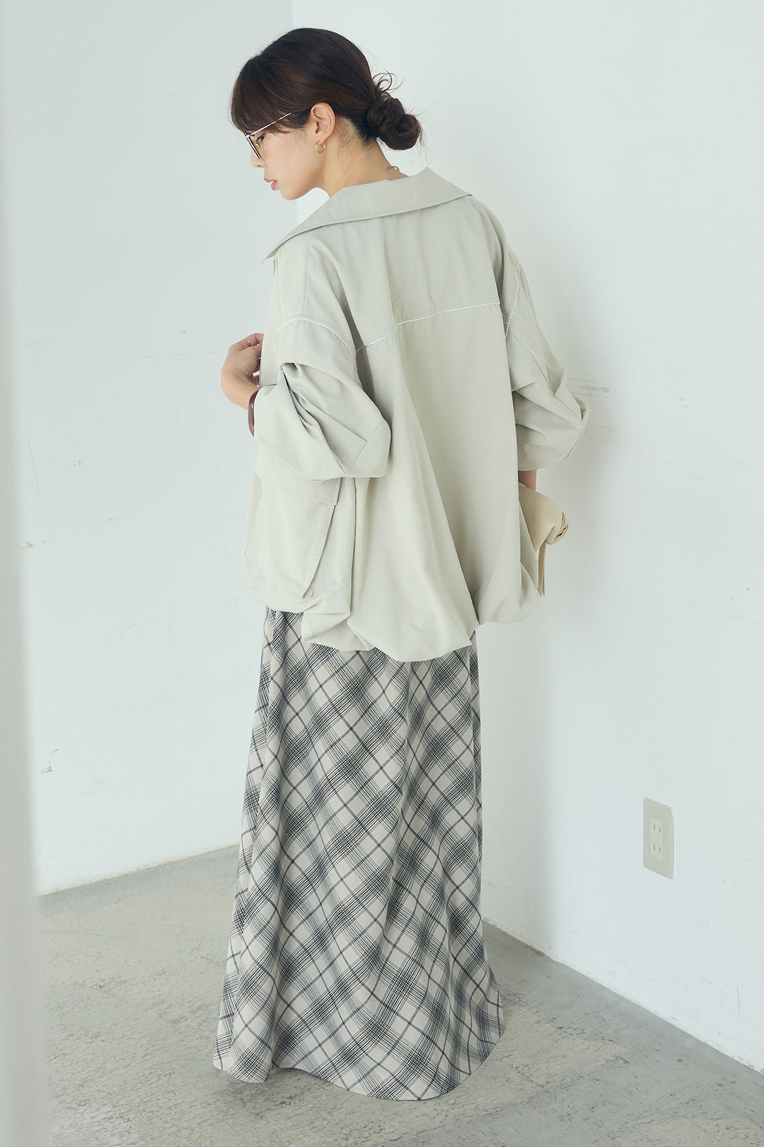 [SET]合繊ツイルバルーンジャケット+タータンチェック柄フロントデザインスカート(2set)