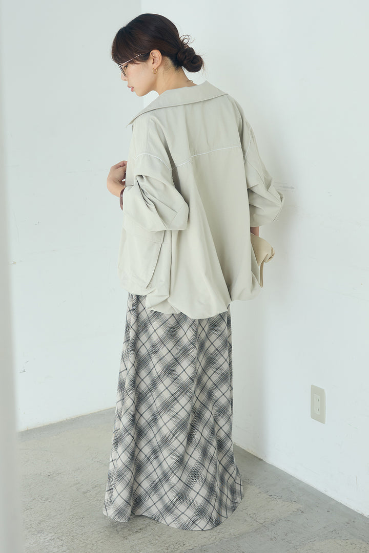 [SET]合繊ツイルバルーンジャケット+タータンチェック柄フロントデザインスカート(2set)