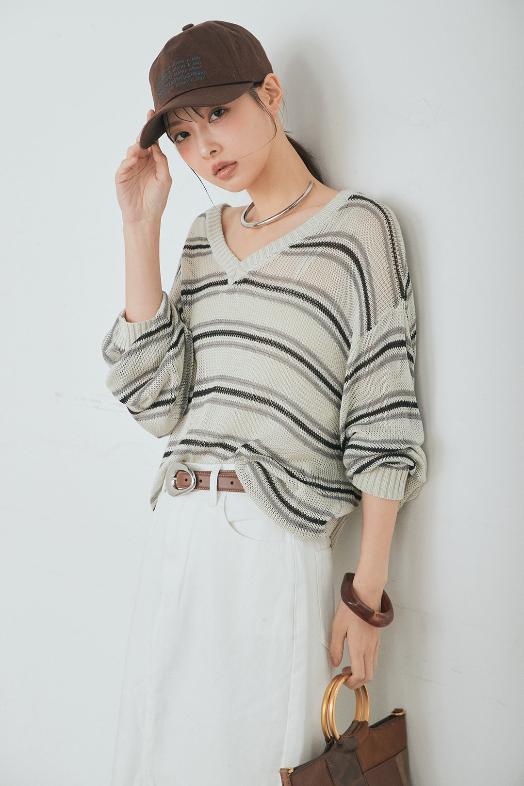 [SET]綿タッチVネックボーダートップス+裾レースデザインデニムスカート(2set)