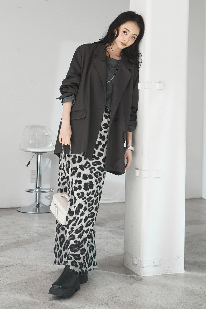 [SET]ルーズシルエットダブルテーラードジャケット+ストレッチロングTシャツ+レオパードサテンナロースカート(3set)