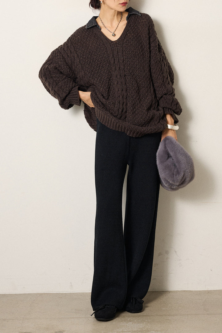 [SET]デニムカラーケーブルオーバーニット+ワイドリブニットイージーパンツ(2set)