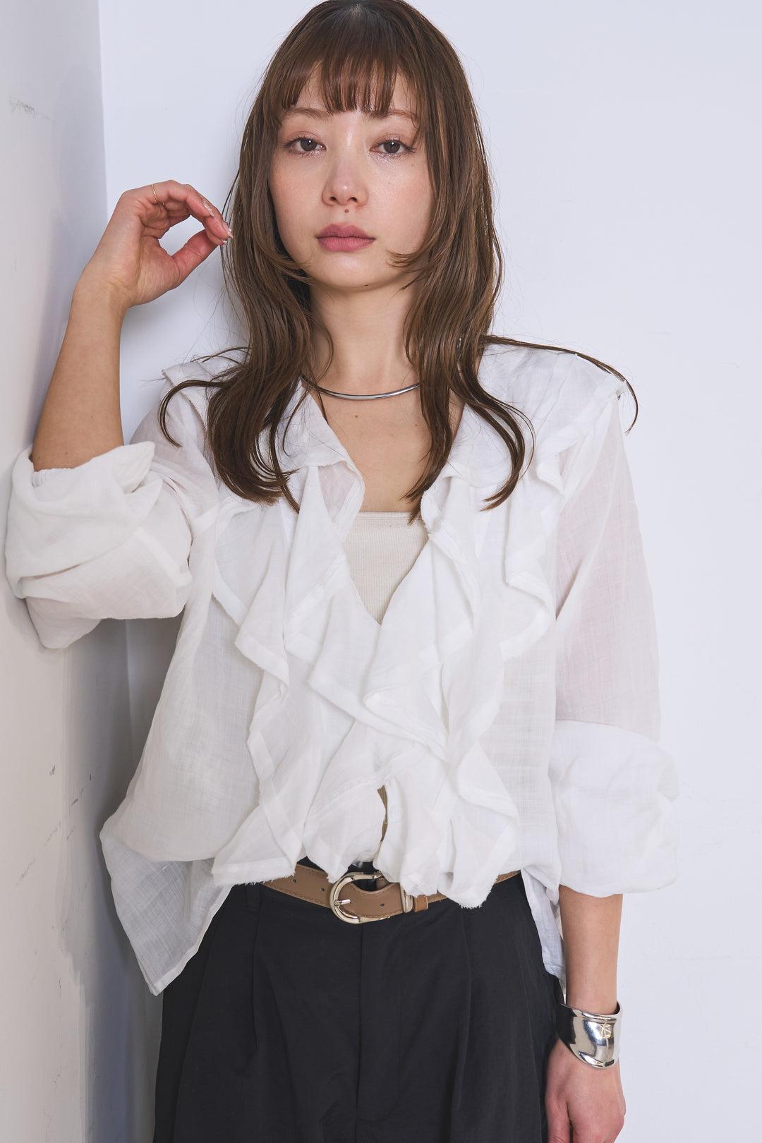 [SET]フリルボタンブラウス+ドライタフタタックバレルパンツ(2set)