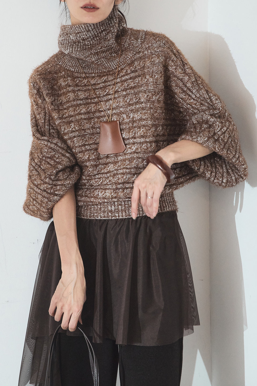 [SET]ミックス編みドルマンニットトップス+チュールレイヤードニットパンツ(2set)