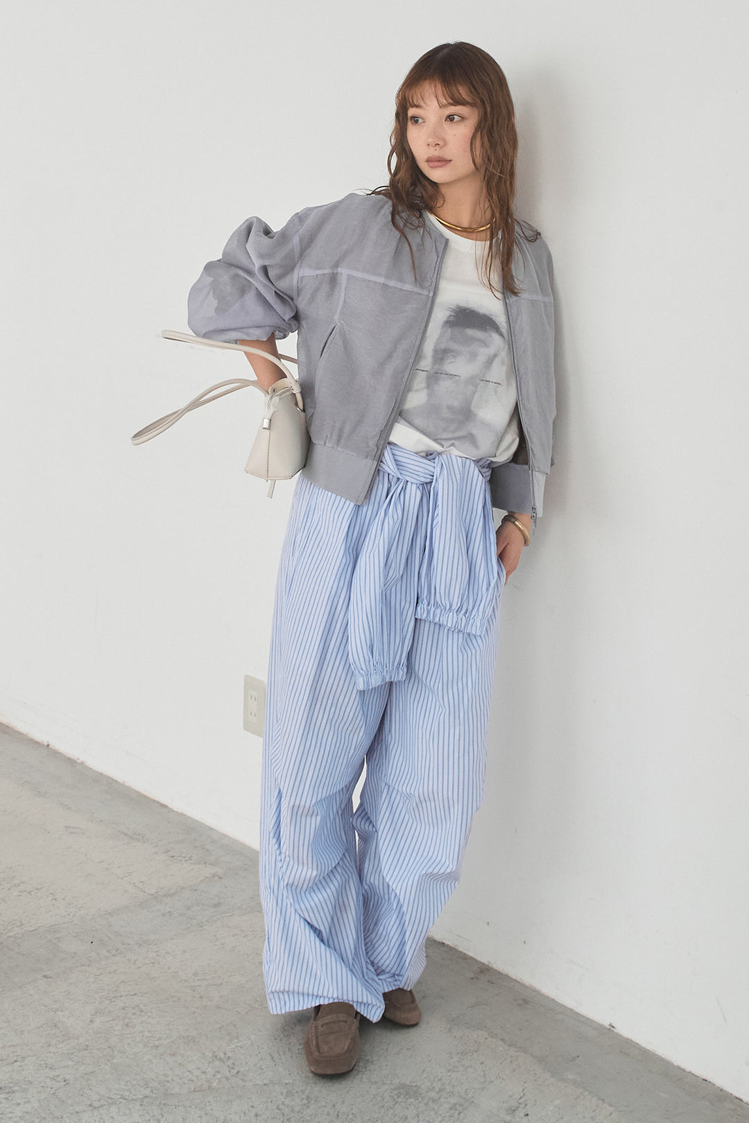 [SET]シアー×ポンチブルゾン+ストライプウエスト巻きジョガーパンツ+長袖アソートフォトTシャツ(3set)