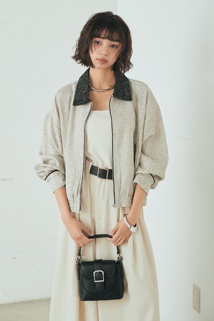 [SET]ツイード配色パイピングブルゾン+ベルト付きタックデザインハイウエストロングパンツ(2set)