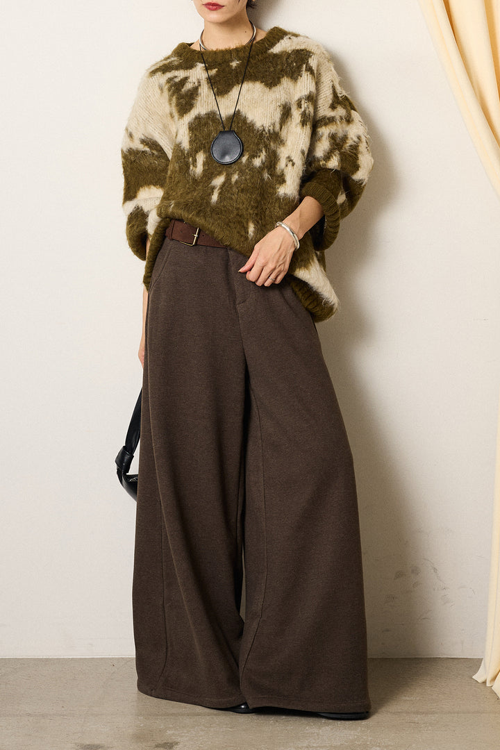 [SET]モヘアタッチマーブルニット+サイドベルトパンツ(2set)