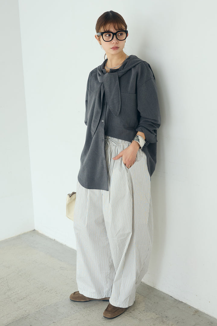 [SET]無地タイ付フーディーBIGシャツ+ランダムストライプタックギャザーパンツ(2set)
