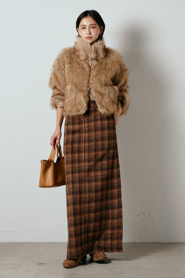 [SET]エコファーショート丈ブルゾン+シャギーチェックストレートスカート(2set)