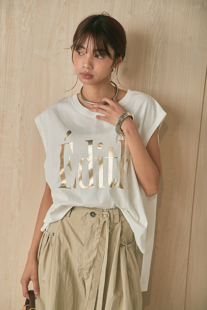 [SET]箔ロゴプリントノースリーブTシャツ+スタッズ付きポケットタックパンツ(2set)