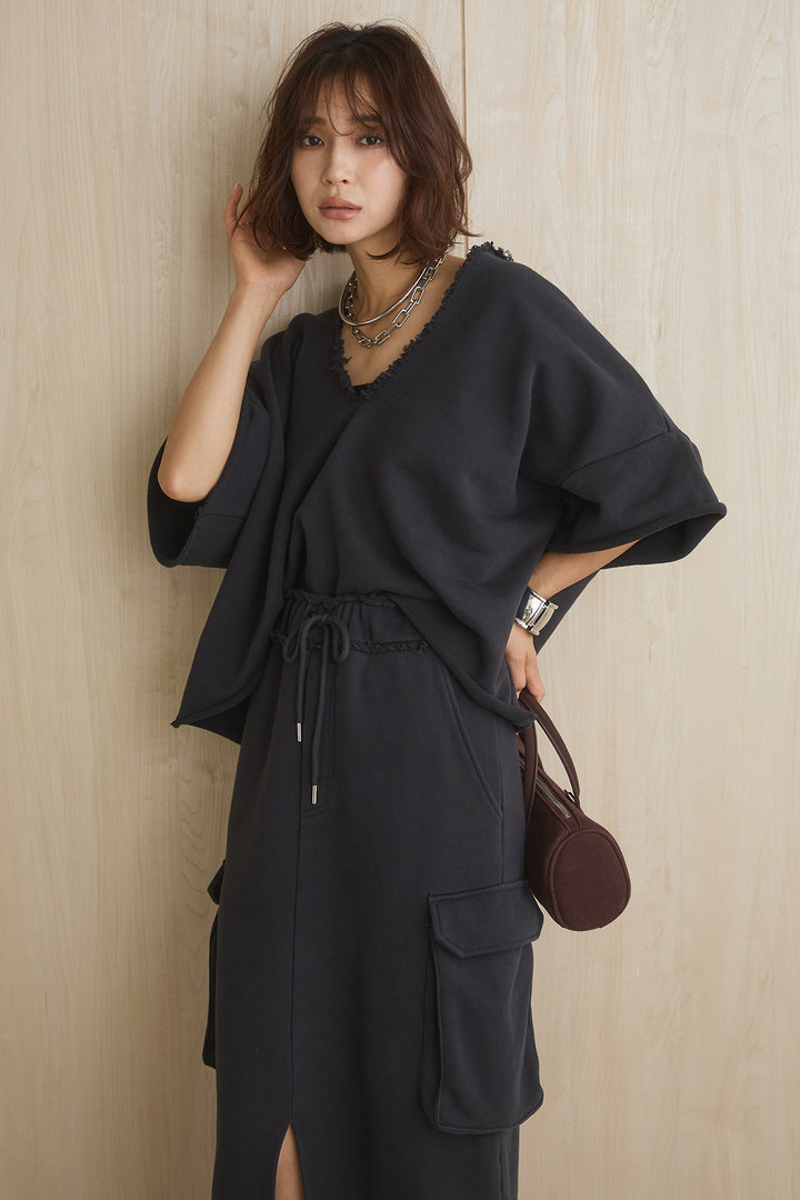 [SET]裏毛カットオフクロップドプルオーバー+裏毛リラックスワークタイトスカート(2set)
