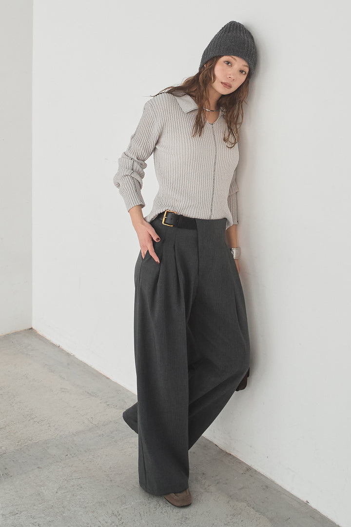 [SET]衿付きニットプルオーバー+サイドベルトタック入りスラックス(2set)