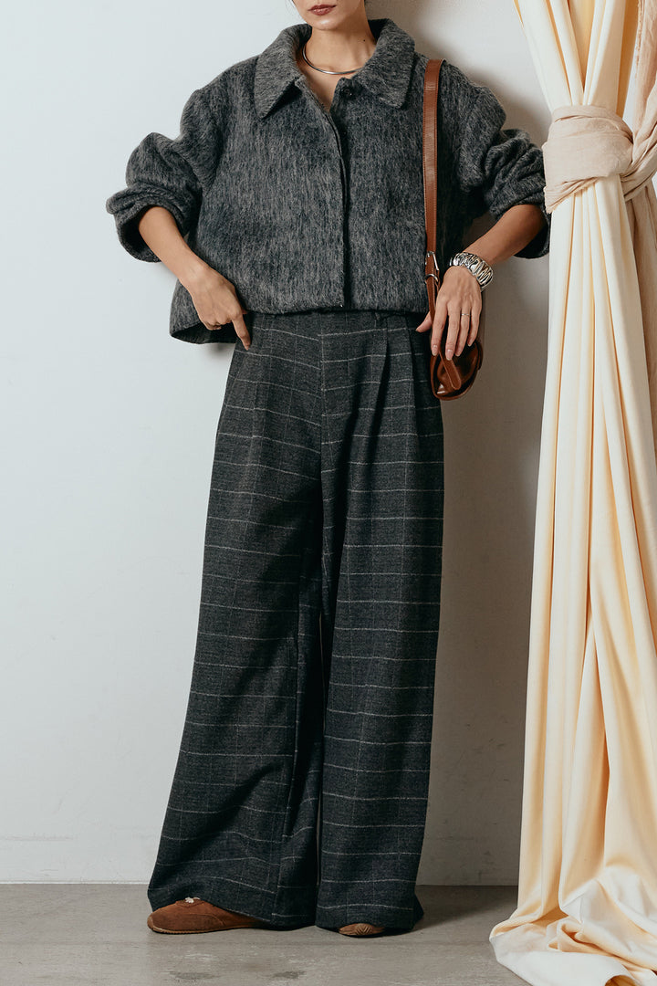 [SET]シャギーショートジャケット+スクエアチェック柄ワイドパンツ(2set)