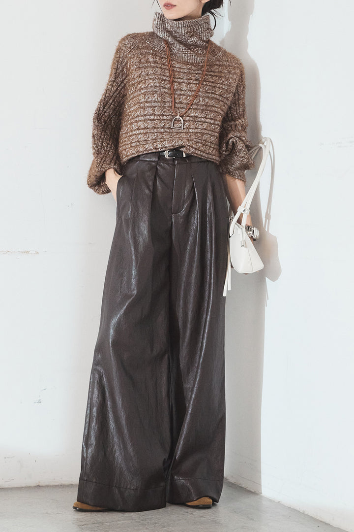 [SET]ミックス編みドルマンニットトップス+ベルト付きレザーライクタックパンツ(2set)