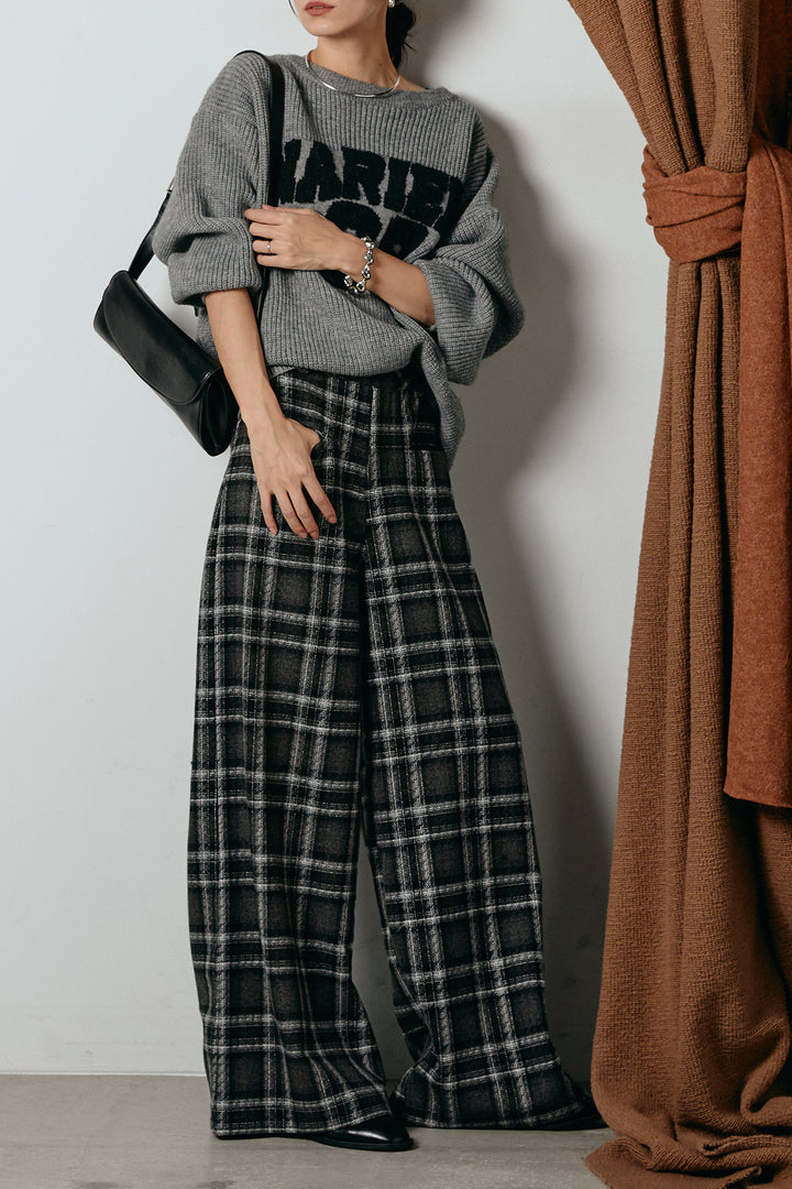 [SET]ロゴジャガードニットトップス+ルーズタータンチェックワイドパンツ(2set)