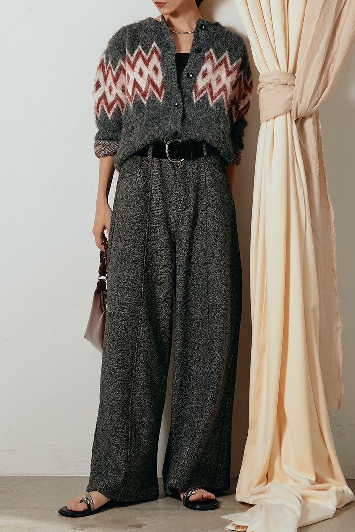 [SET]起毛ノルディック柄ニットカーディガン+太ベルト付きツイードワイドパンツ(2set)