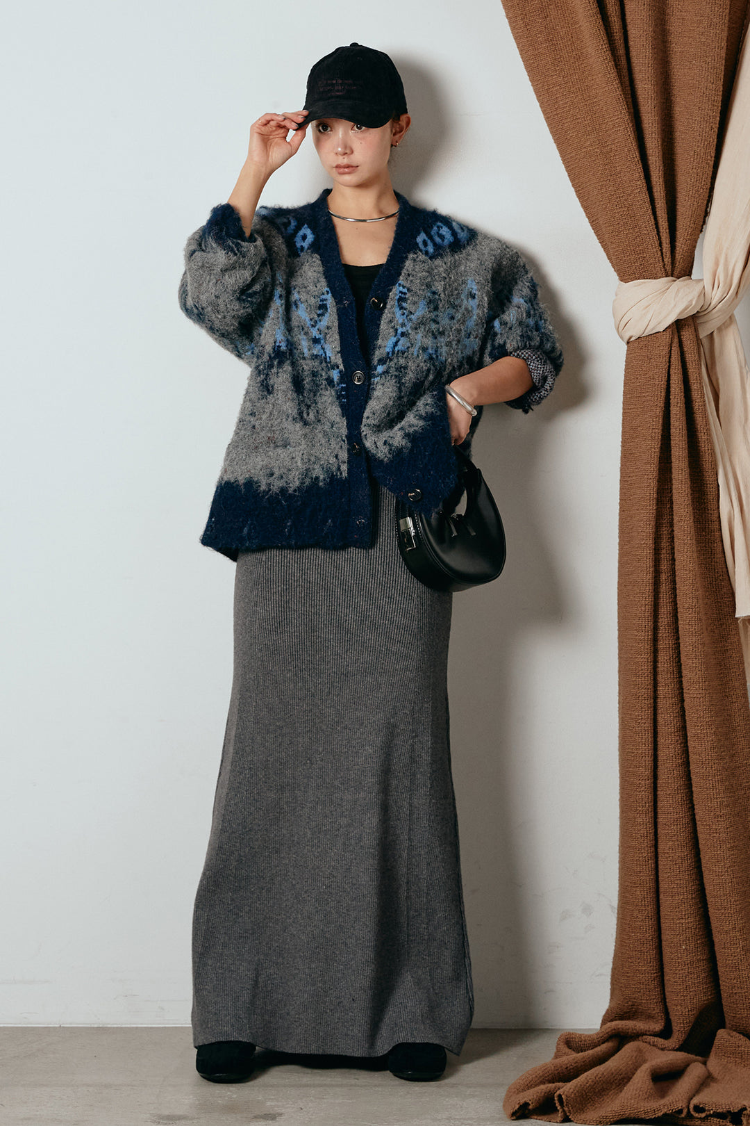 [SET]シャギーニュアンス柄ニットカーディガン+リブナローニットスカート(2set)