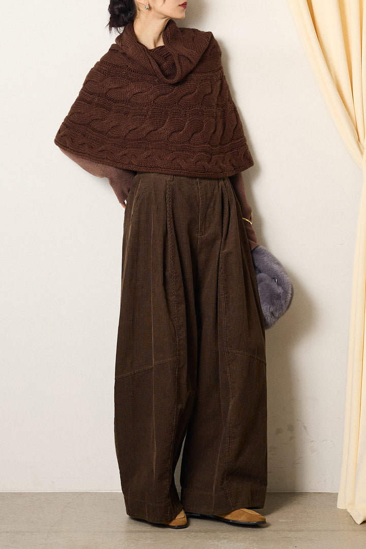 [SET]ケーブル編みケープレイヤードニット+タック入りコーデュロイワイドパンツ(2set)