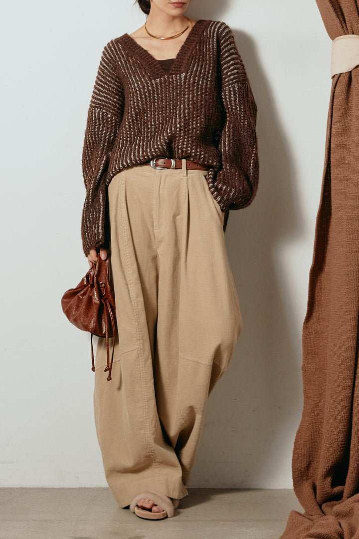 [SET]アルパカタッチ深Vニットトップス+タック入りコーデュロイワイドパンツ(2set)