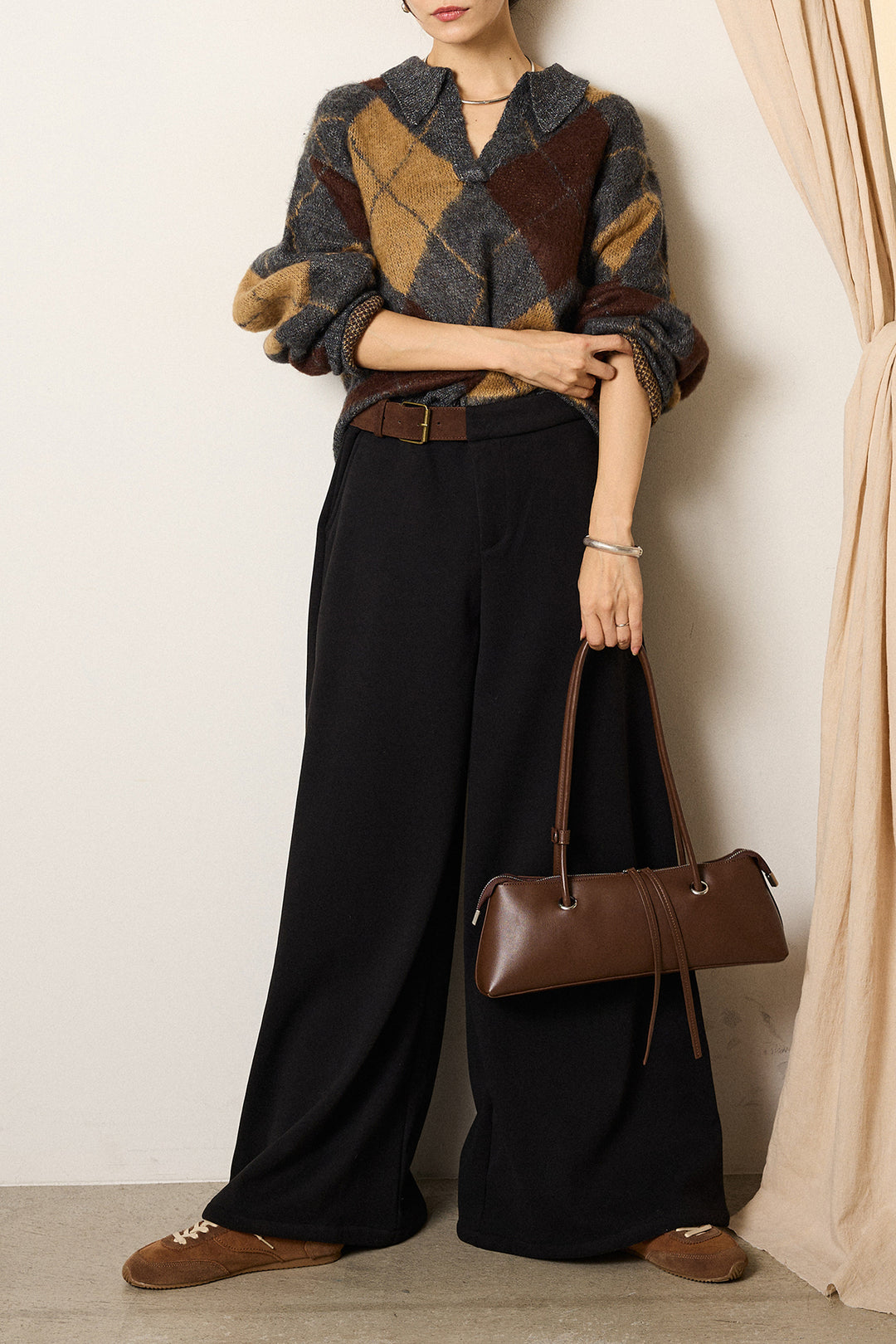 [SET]アクリルモヘアアーガイルキーネックプルオーバー+サイドベルトパンツ(2set)