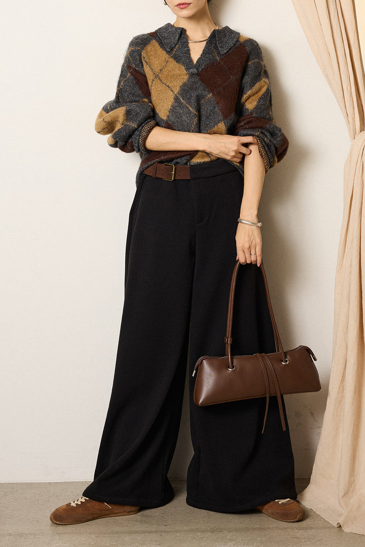 [SET]アクリルモヘアアーガイルキーネックプルオーバー+サイドベルトパンツ(2set)